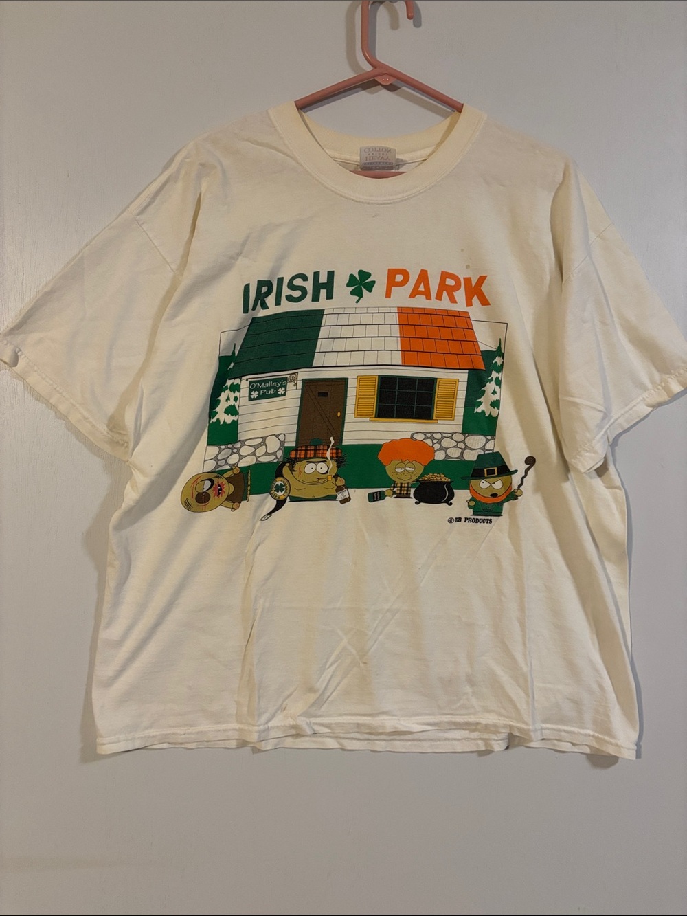 Gildan South Park Cotton Tee - Cream with Red & Blue Label. XL